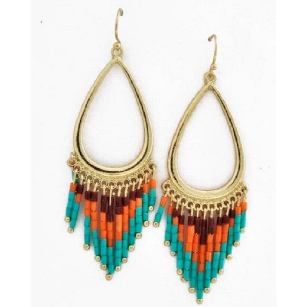 Gold Teardrop Ethnic Earrings Brown Orange Turquoise Native Tribal 3" BOHO SWest